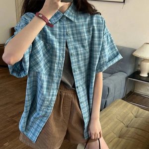 Oversized Sky Plaid Shirt - Y2K Aesthetic Grunge Style Top for Trendy Looks