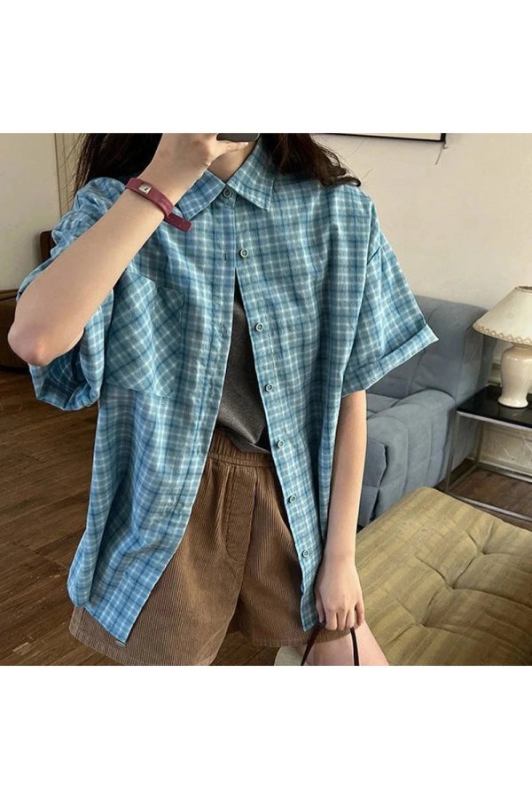 Oversized Sky Plaid Shirt - Y2K Aesthetic Grunge Style Top for Trendy Looks