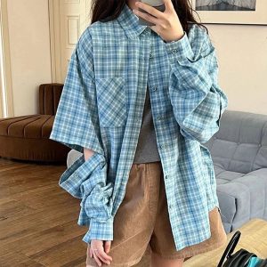 Oversized Sky Plaid Shirt - Y2K Aesthetic Grunge Style Top for Trendy Looks