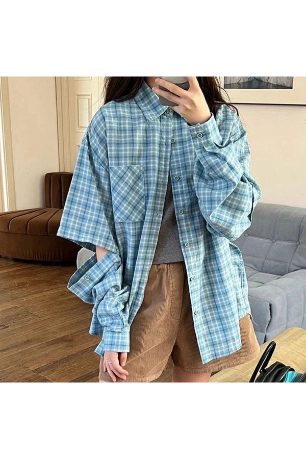 Oversized Sky Plaid Shirt - Y2K Aesthetic Grunge Style Top for Trendy Looks