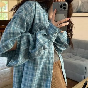 Oversized Sky Plaid Shirt - Y2K Aesthetic Grunge Style Top for Trendy Looks