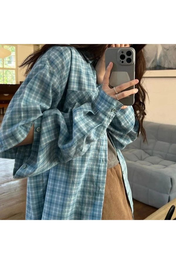 Oversized Sky Plaid Shirt - Y2K Aesthetic Grunge Style Top for Trendy Looks