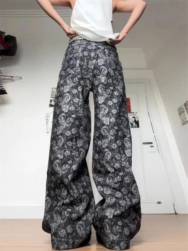 Paisley Shadow Wide-Leg Pants - Y2K Aesthetic for Effortless Style