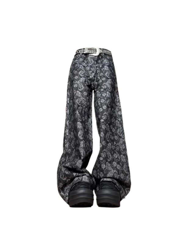 Paisley Shadow Wide-Leg Pants - Y2K Aesthetic for Effortless Style