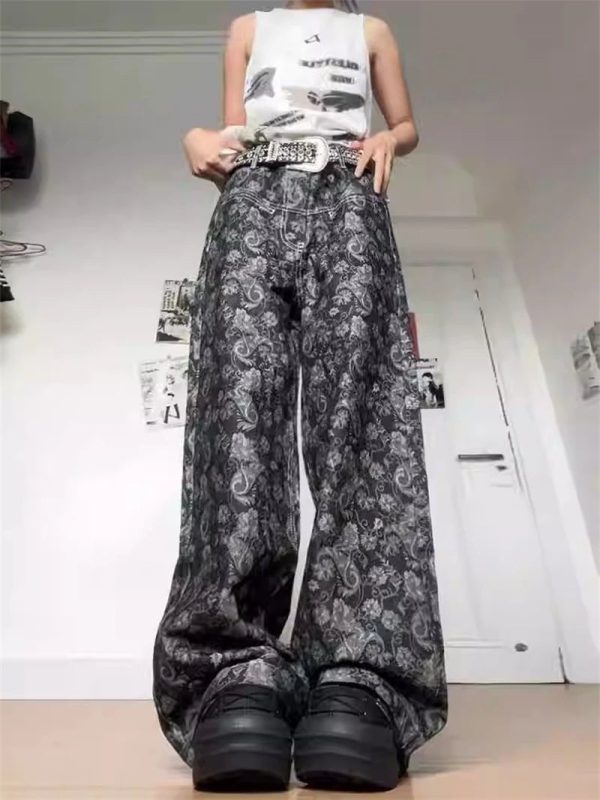 Paisley Shadow Wide-Leg Pants - Y2K Aesthetic for Effortless Style