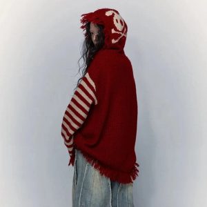 Panda Punk Fringed Sweater - Y2K Aesthetic Cozy Layer for Grunge Style