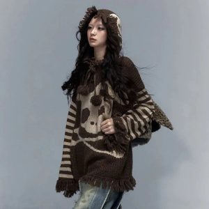 Panda Punk Fringed Sweater - Y2K Aesthetic Cozy Layer for Grunge Style