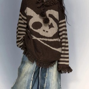 Panda Punk Fringed Sweater - Y2K Aesthetic Cozy Layer for Grunge Style