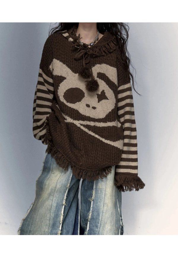 Panda Punk Fringed Sweater - Y2K Aesthetic Cozy Layer for Grunge Style