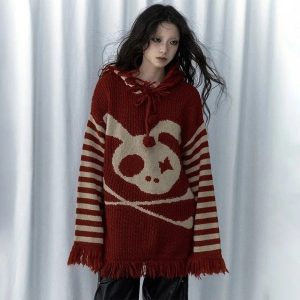 Panda Punk Fringed Sweater - Y2K Aesthetic Cozy Layer for Grunge Style