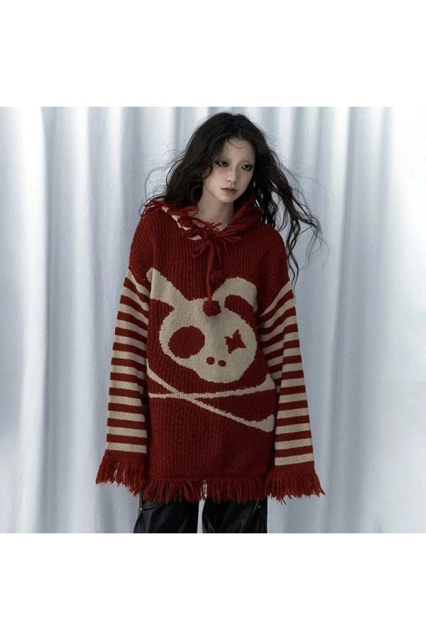 Panda Punk Fringed Sweater - Y2K Aesthetic Cozy Layer for Grunge Style