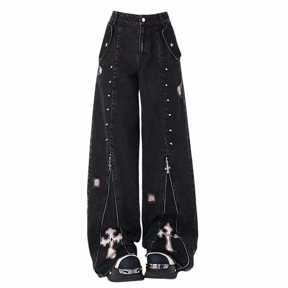 Pastel Goth Baggy Jeans for Y2K Aesthetic and Grunge Style Outfits