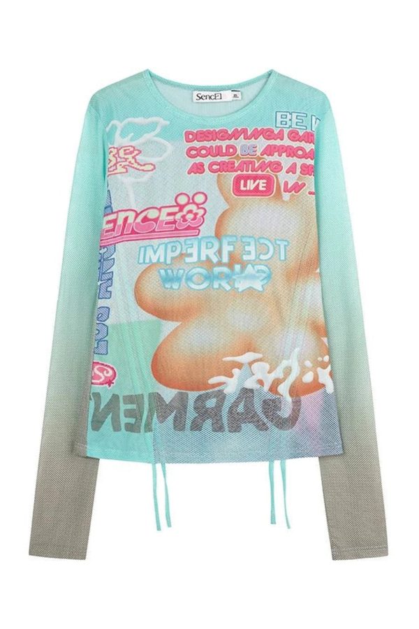 Pastel Graphic Mesh Top - Y2K Aesthetic Cute Top for Trendy Outfits