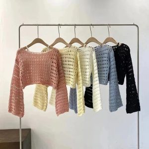 Pastel Open-Knit Cropped Sweater for Y2K Aesthetic and Coquette Style