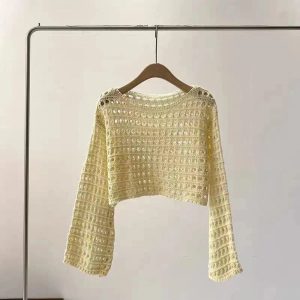 Pastel Open-Knit Cropped Sweater for Y2K Aesthetic and Coquette Style