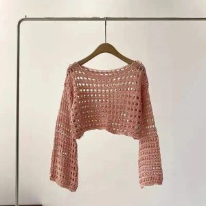 Pastel Open-Knit Cropped Sweater for Y2K Aesthetic and Coquette Style