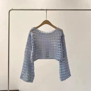 Pastel Open-Knit Cropped Sweater for Y2K Aesthetic and Coquette Style