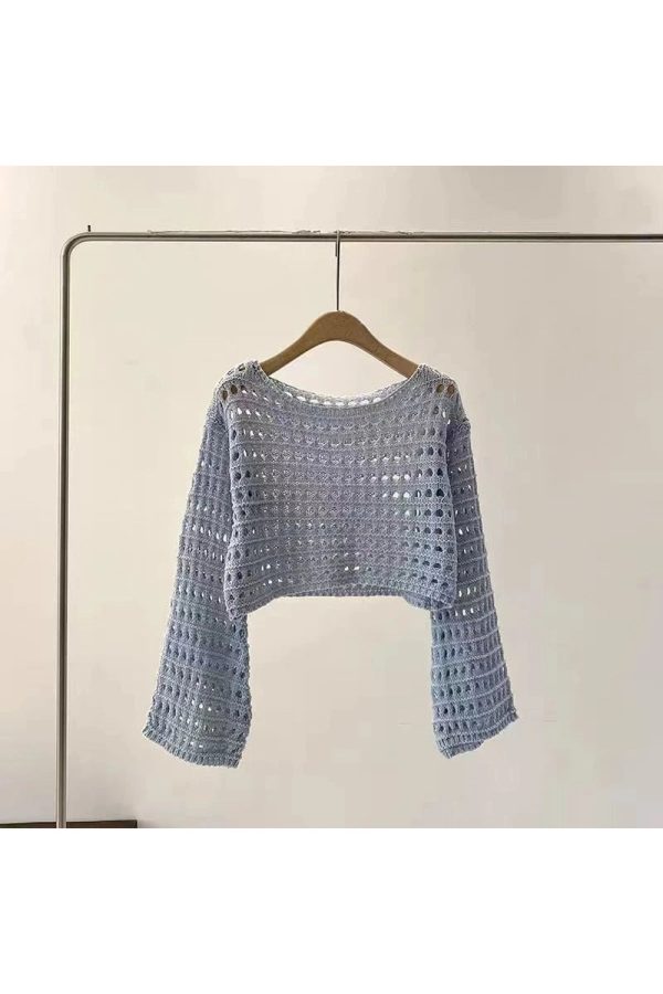 Pastel Open-Knit Cropped Sweater for Y2K Aesthetic and Coquette Style