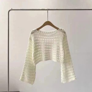 Pastel Open-Knit Cropped Sweater for Y2K Aesthetic and Coquette Style