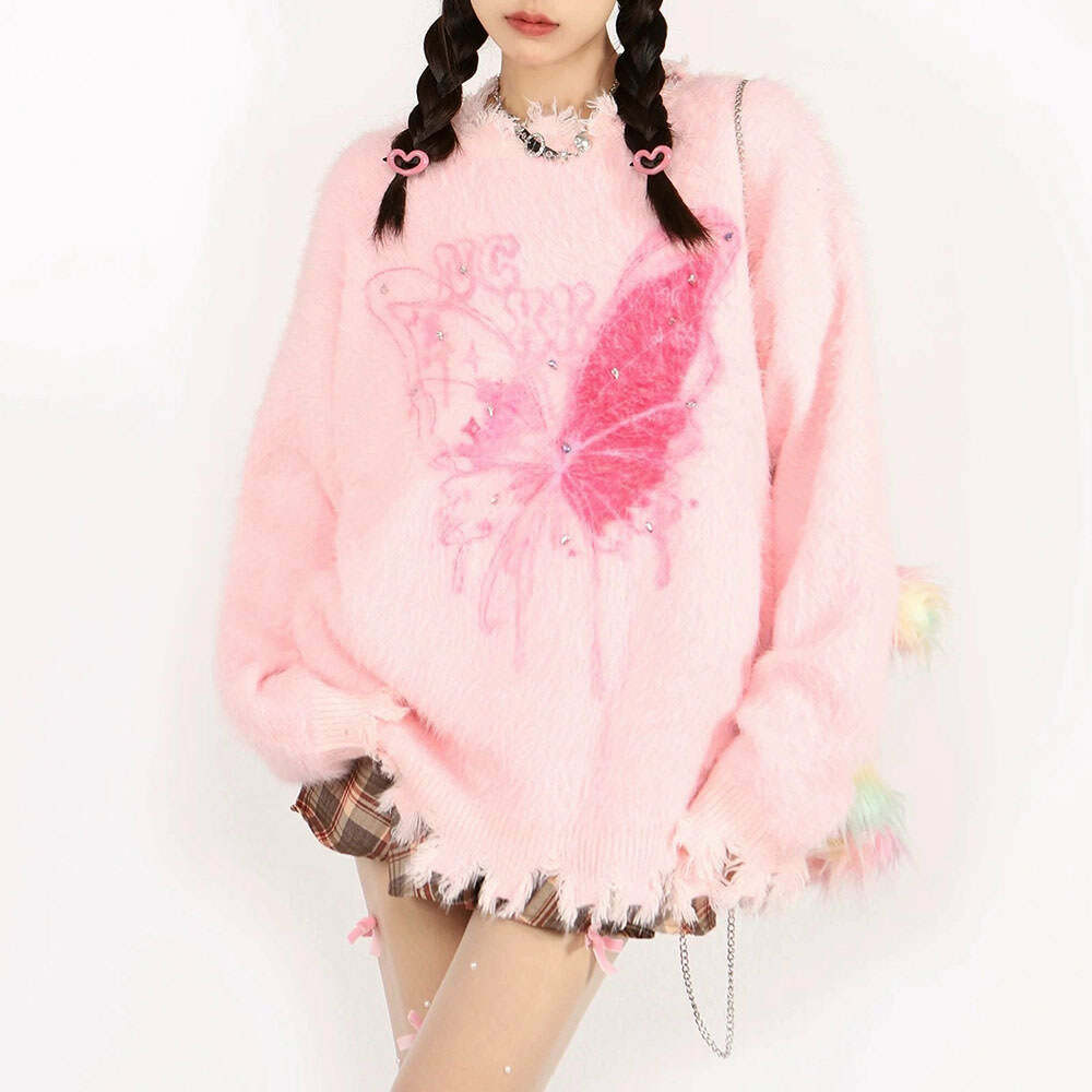 Pastel Pink Butterfly Sweater - Y2K Aesthetic Cute Top for Cozy Vibes