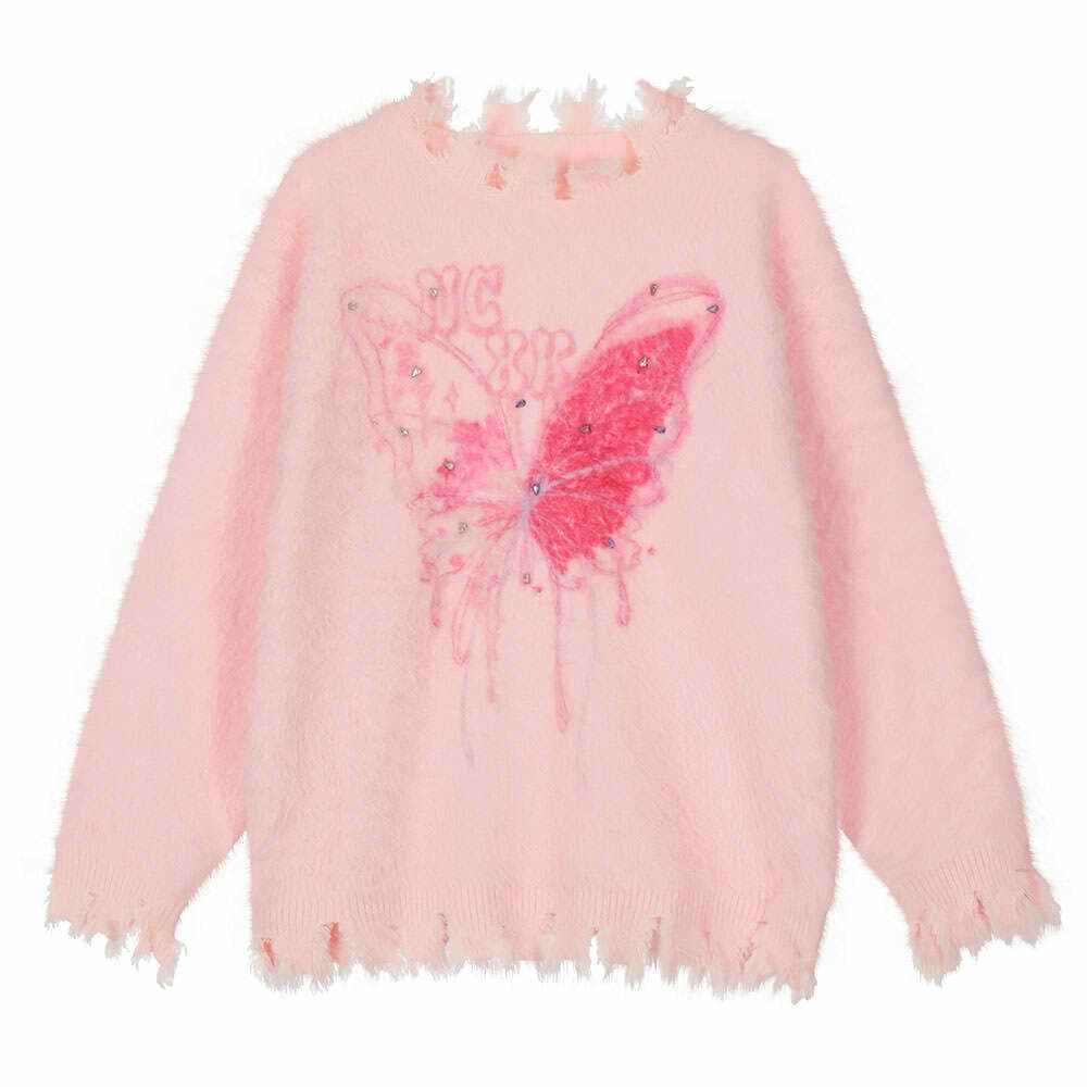 Pastel Pink Butterfly Sweater - Y2K Aesthetic Cute Top for Cozy Vibes