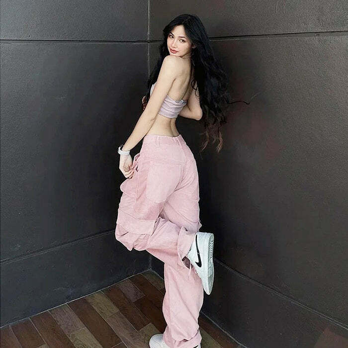 Pastel Pink Cargo Pants for Y2K Aesthetic and Coquette Style Outfits