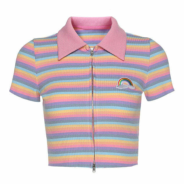 Pastel Rainbow Zip Top - Y2K Aesthetic Cute Hoodie for Trendy Outfits