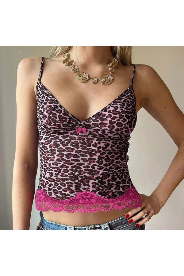 Pink Leopard Lace Trim Top - Y2K Fashion Cute Aesthetic Blouse