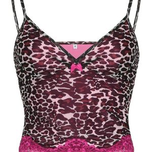 Pink Leopard Lace Trim Top - Y2K Fashion Cute Aesthetic Blouse