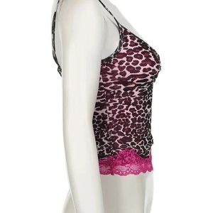 Pink Leopard Lace Trim Top - Y2K Fashion Cute Aesthetic Blouse