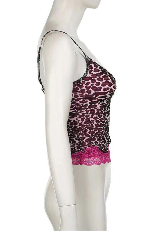 Pink Leopard Lace Trim Top - Y2K Fashion Cute Aesthetic Blouse