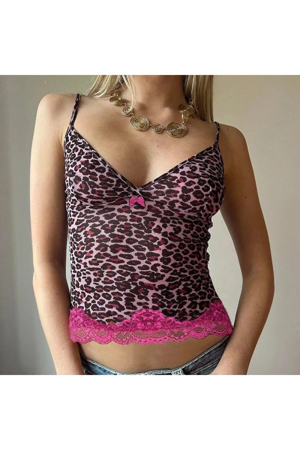 Pink Leopard Lace Trim Top - Y2K Fashion Cute Aesthetic Blouse