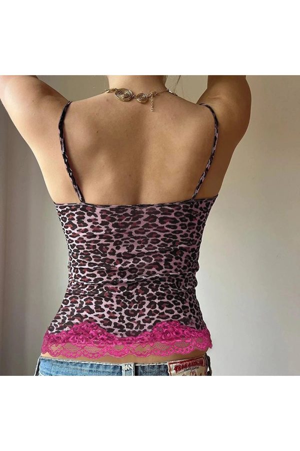 Pink Leopard Lace Trim Top - Y2K Fashion Cute Aesthetic Blouse