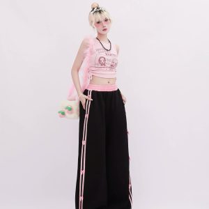 Pink-Trimmed Bow Accent Wide-Leg Pants for Y2K Aesthetic Outfits