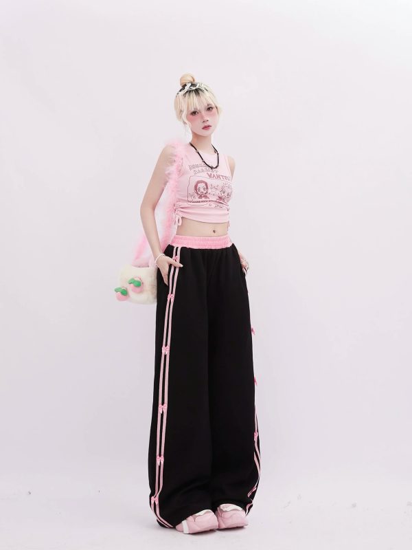 Pink-Trimmed Bow Accent Wide-Leg Pants for Y2K Aesthetic Outfits