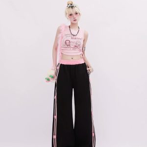 Pink-Trimmed Bow Accent Wide-Leg Pants for Y2K Aesthetic Outfits