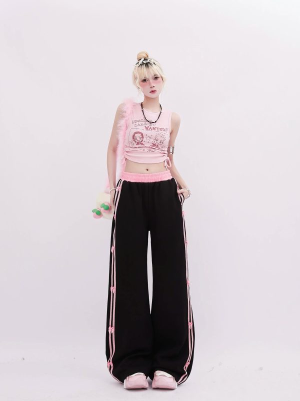 Pink-Trimmed Bow Accent Wide-Leg Pants for Y2K Aesthetic Outfits