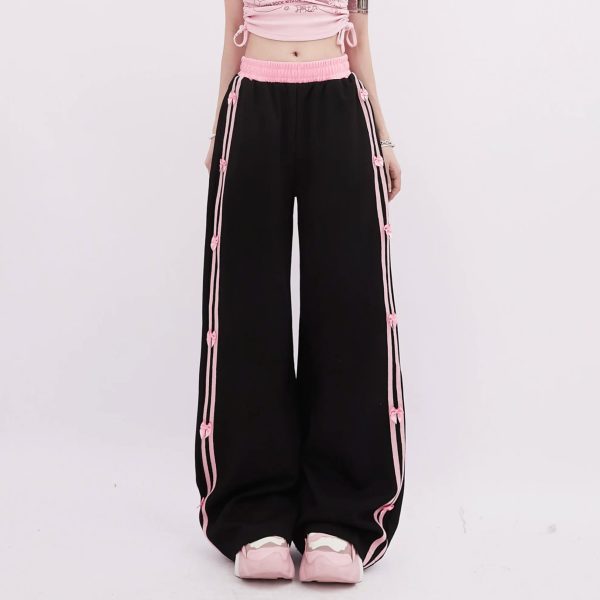 Pink-Trimmed Bow Accent Wide-Leg Pants for Y2K Aesthetic Outfits