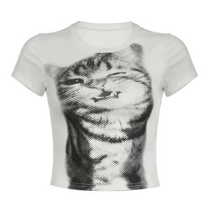 Pixelated Cat Graphic Crop Top - Y2K Aesthetic Cute Top for Trendy Outfits