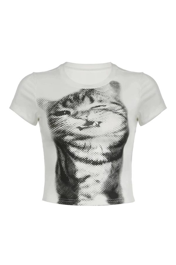 Pixelated Cat Graphic Crop Top - Y2K Aesthetic Cute Top for Trendy Outfits