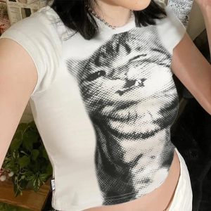 Pixelated Cat Graphic Crop Top - Y2K Aesthetic Cute Top for Trendy Outfits