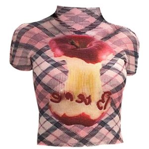 Plaid Applecore Mesh Crop Top - Y2K Aesthetic Cute Top for Trendy Outfits