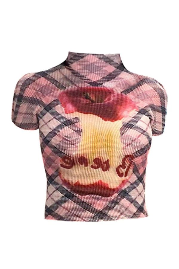 Plaid Applecore Mesh Crop Top - Y2K Aesthetic Cute Top for Trendy Outfits