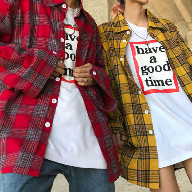 Plaid Check 90s Kids Shirt - Y2K Aesthetic Vintage Style Top