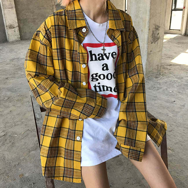 Plaid Check 90s Kids Shirt - Y2K Aesthetic Vintage Style Top