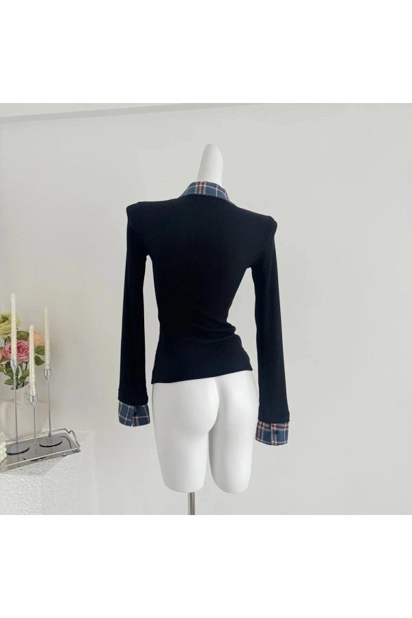 Plaid Collar Preppy Sweater - Y2K Aesthetic Cute Top for Stylish Outfits