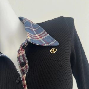 Plaid Collar Preppy Sweater - Y2K Aesthetic Cute Top for Stylish Outfits