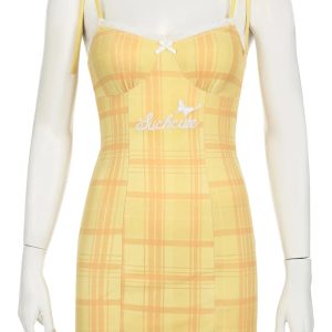 Plaid Lace-Trim Sweetheart Dress for Y2K Aesthetic & Coquette Style