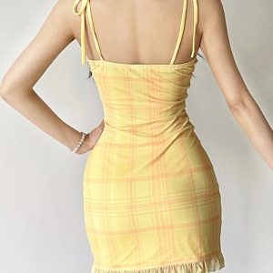 Plaid Lace-Trim Sweetheart Dress for Y2K Aesthetic & Coquette Style