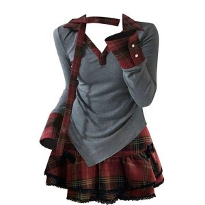 Plaid Punk Layered Set - Y2K Aesthetic Grunge Style for Trendy Looks